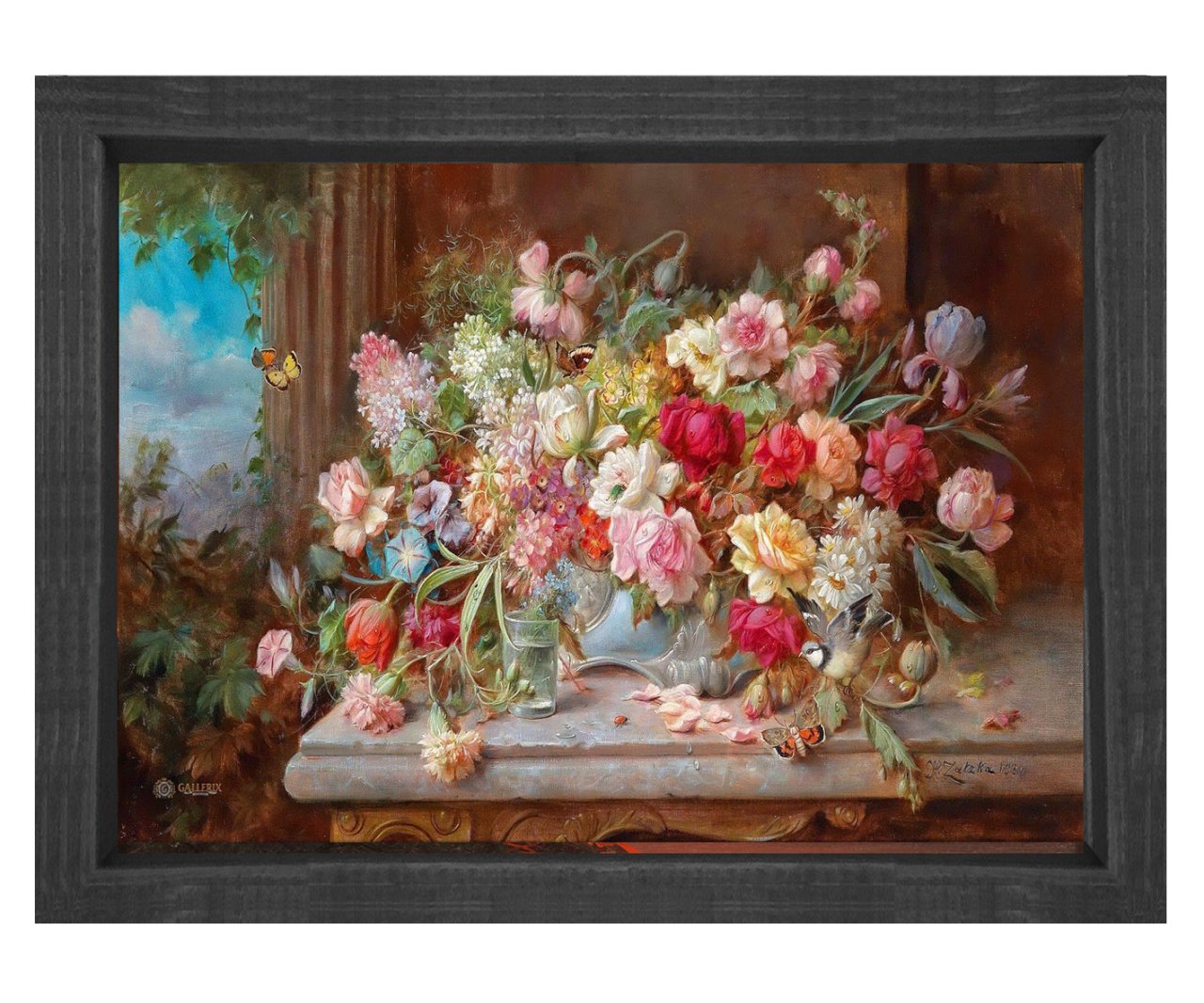 Hans Zatzka - Bahar Çiçekleri Tablosu Siyah Ahşap Çerçeve - 100x150