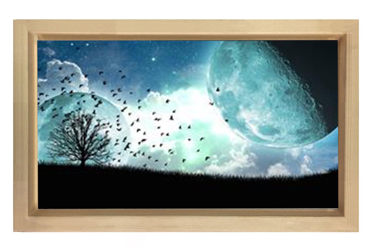 Gece Ay ve Gökyüzü Tablosu Naturel Ahşap Çerçeve - 40x60