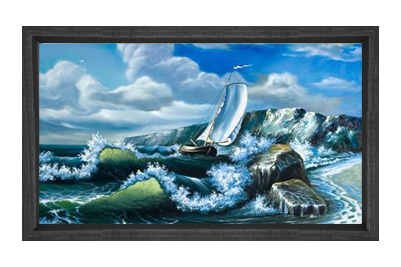 Dalgalar Ve Yelkenli Gemi Tablosu Siyah Ahşap Çerçeve - 100x150
