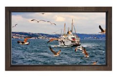 Yolcu Gemisi ve Martılar Tablosu Kahverengi Ahşap Çerçeve - 100x150