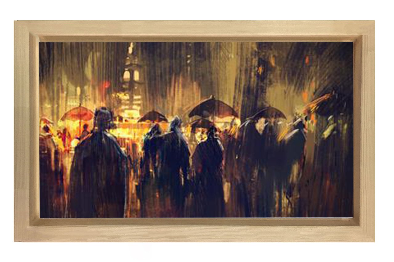 Yağmurlu Gece İnsanlar Tablosu Naturel Ahşap Çerçeve - 45x30