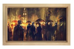 Yağmurlu Gece İnsanlar Tablosu Naturel Ahşap Çerçeve - 45x30