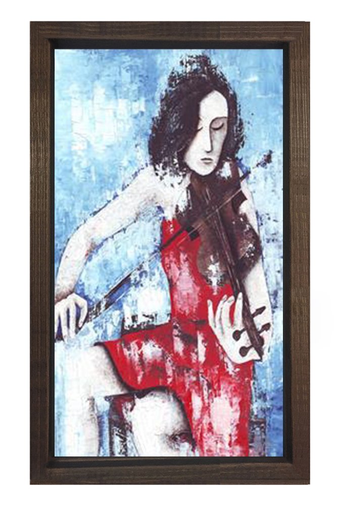 Kemancı Kadın Tablosu Kahverengi Ahşap Çerçeve - 40x60