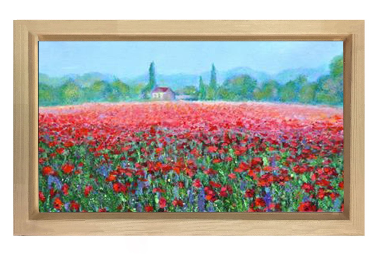 Kırmızı Çiçekler Manzara Tablosu Naturel Ahşap - 50x90