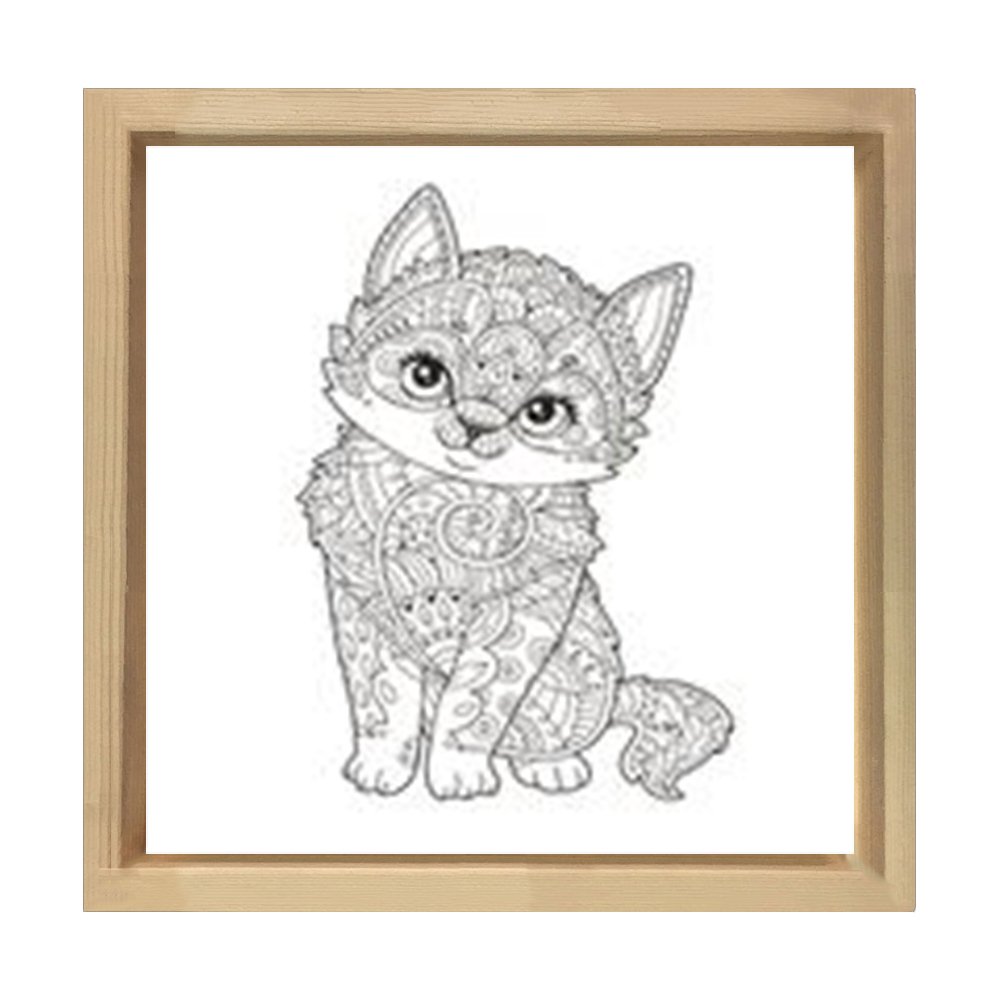 Mandala Kedi Tablosu Naturel Ahşap Çerçeve - 50x50