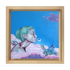 Mutlu Düşünen Kadın  Tablosu Naturel Ahşap Çerçeve - 30x30
