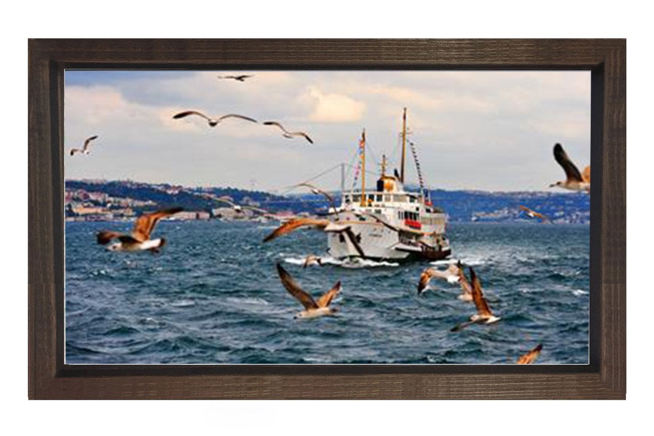Yolcu Gemisi ve Martılar Tablosu Kahverengi Ahşap Çerçeve - 70x100
