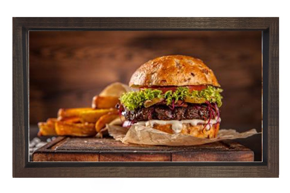 Hamburger ve Patatesler Tablosu Kahverengi Ahşap - 50x70