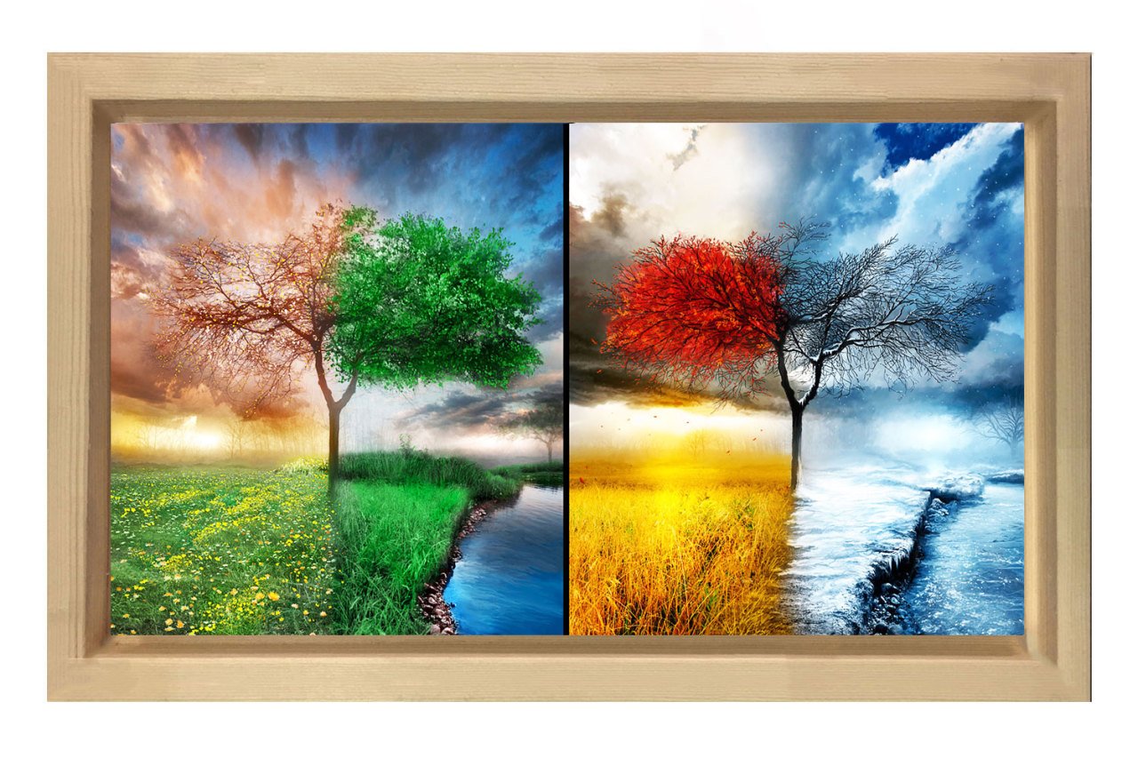 Dört Mevsim Ağacı Tablosu Naturel Ahşap Çerçeve - 50x90