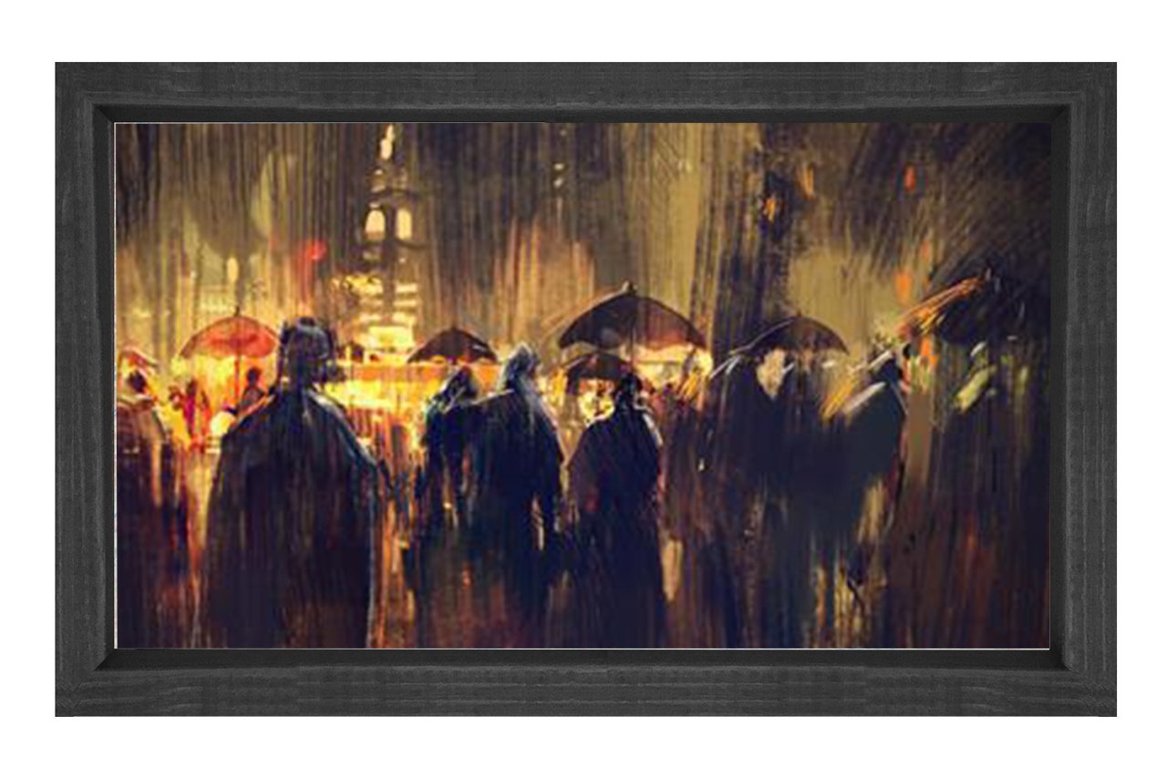 Yağmurlu Gece İnsanlar Tablosu Siyah Ahşap Çerçeve - 45x30