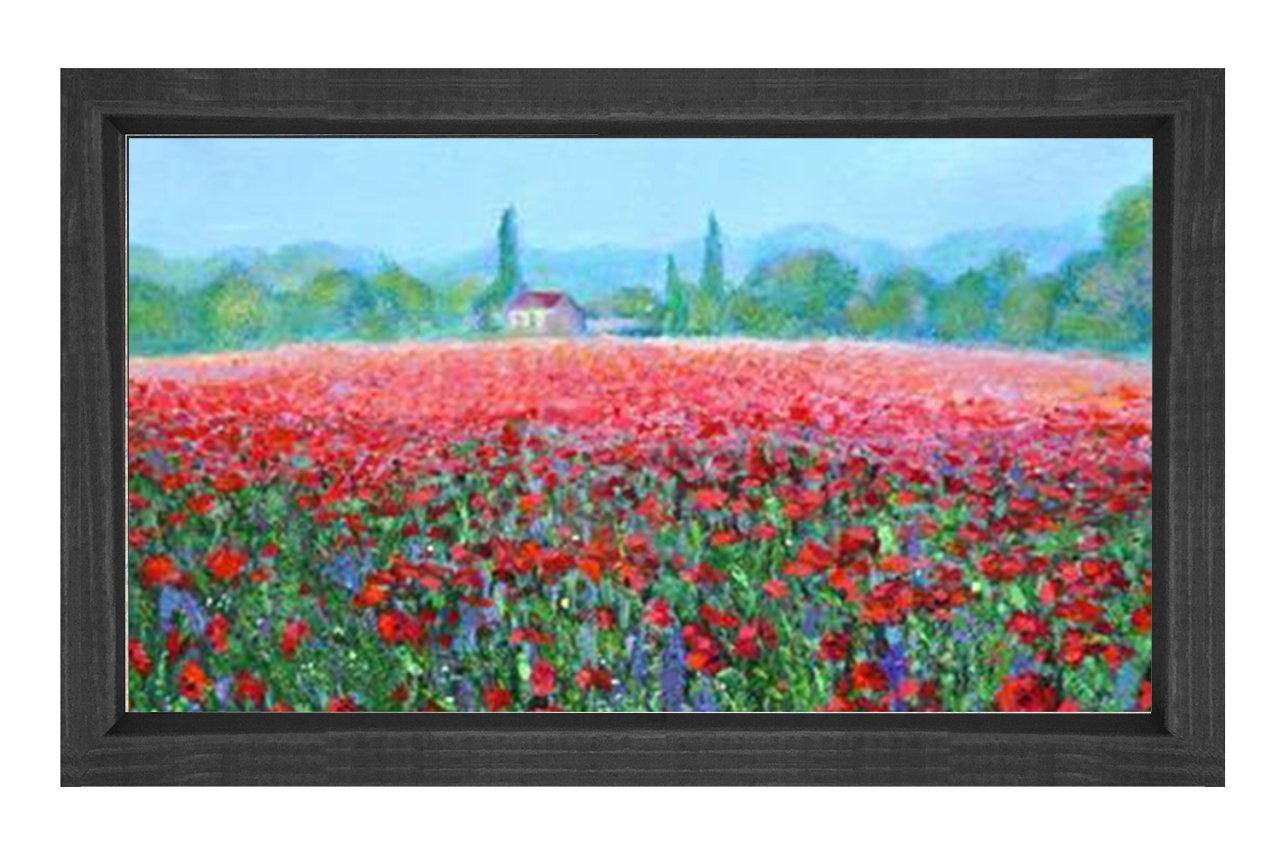 Kırmızı Çiçekler Manzara Tablosu Siyah Ahşap - 70x100