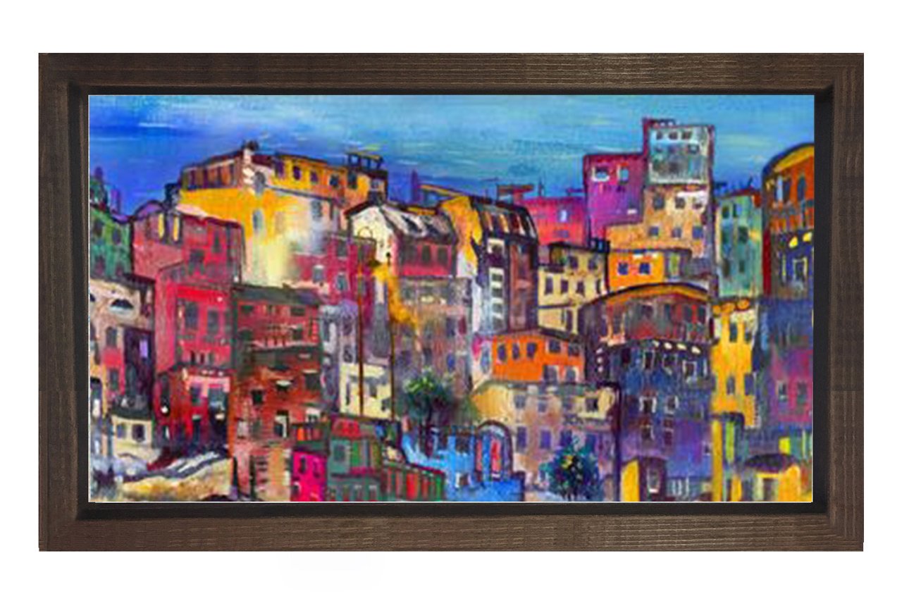 Renkli Şehir Tablosu Kahverengi Ahşap Çerçeve - 100x200