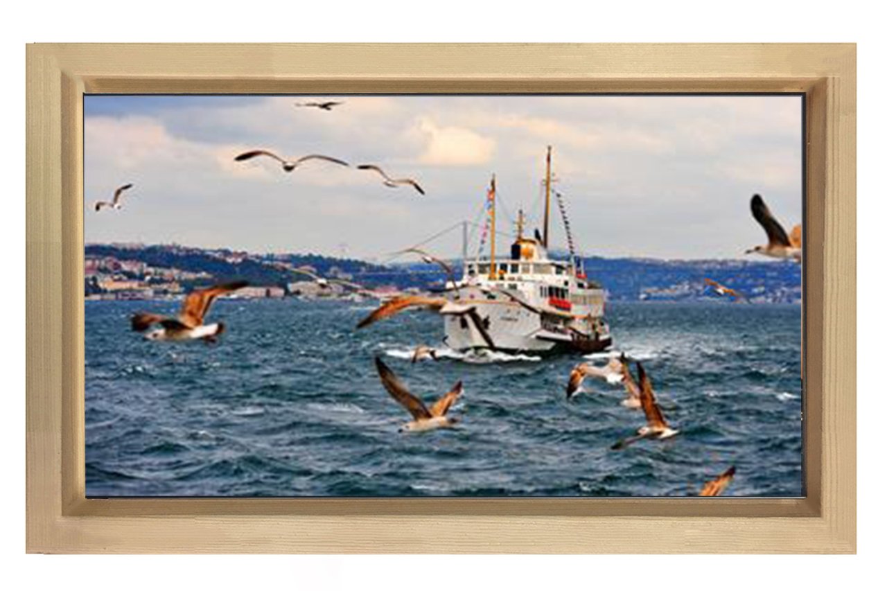 Yolcu Gemisi ve Martılar Tablosu Naturel Ahşap Çerçeve - 70x100