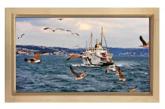Yolcu Gemisi ve Martılar Tablosu Naturel Ahşap Çerçeve - 70x100