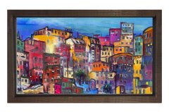 Renkli Şehir Tablosu Kahverengi Ahşap Çerçeve - 45x30