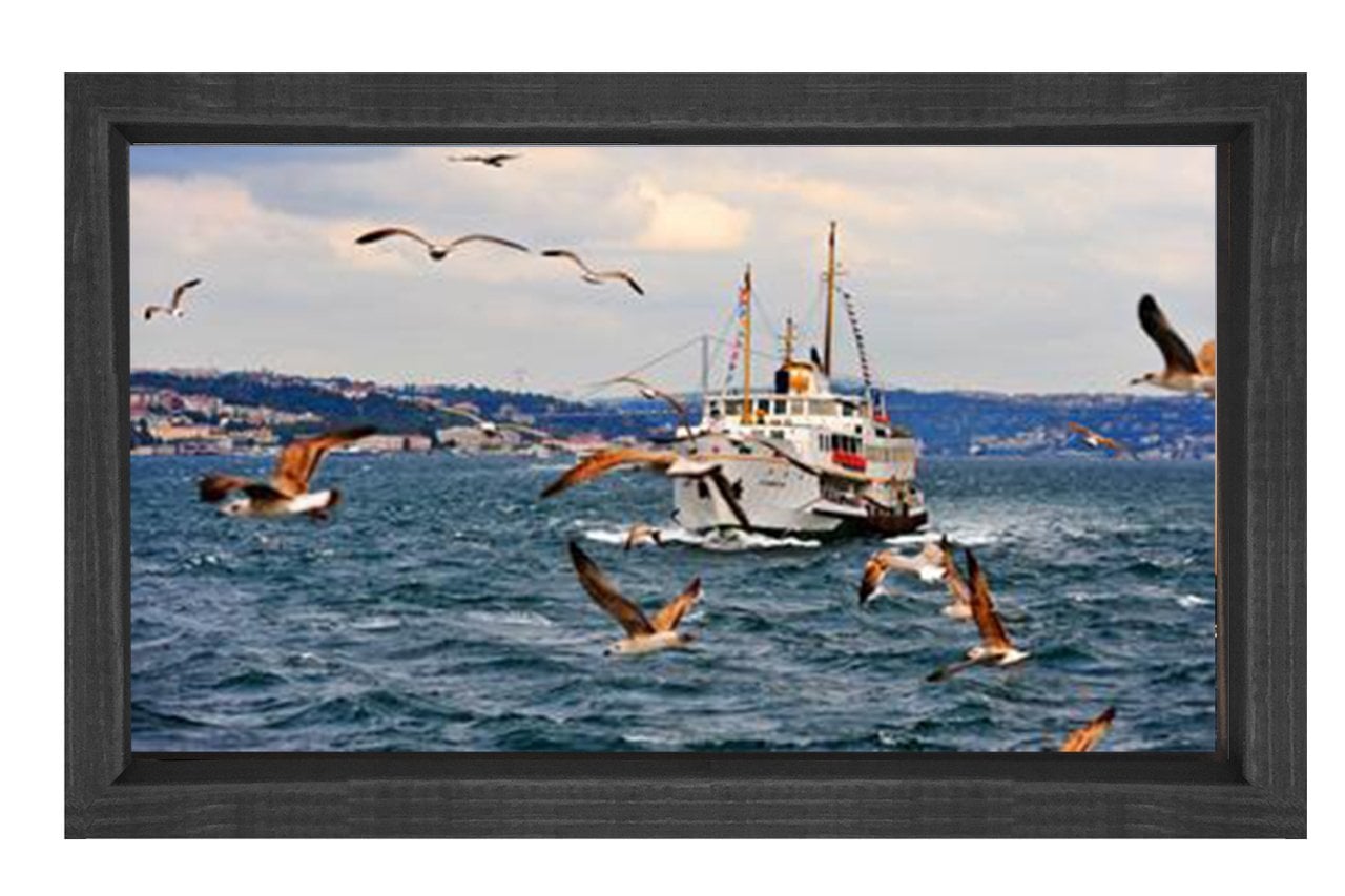 Yolcu Gemisi ve Martılar Tablosu Siyah Ahşap Çerçeve - 100x200