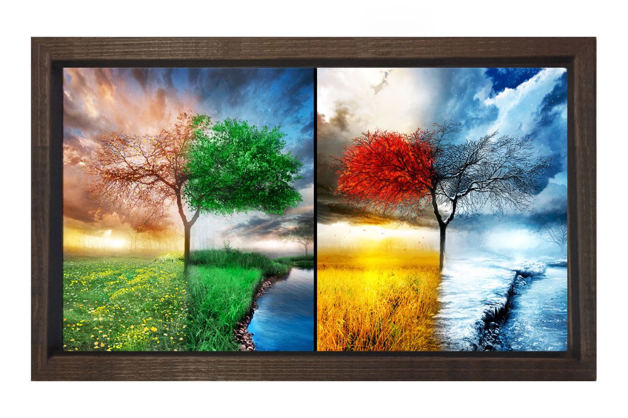 Dört Mevsim Ağacı Tablosu Kahverengi Ahşap Çerçeve - 100x150