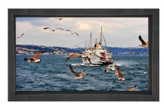 Yolcu Gemisi ve Martılar Tablosu Siyah Ahşap Çerçeve - 45x30