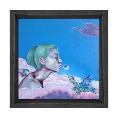 Mutlu Düşünen Kadın  Tablosu Siyah Ahşap Çerçeve - 60x60