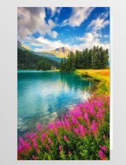 Göl Kıyısı ve Çiçekler Tablosu Çerçevesiz - 70x100