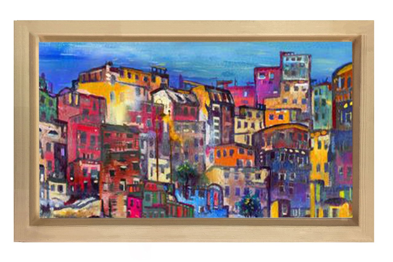 Renkli Şehir Tablosu Naturel Ahşap Çerçeve - 100x200