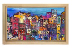 Renkli Şehir Tablosu Naturel Ahşap Çerçeve - 100x200