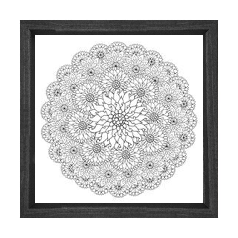 Çiçekli Desen Boyama Tablo Tablosu Siyah Ahşap Çerçeve - 30x30