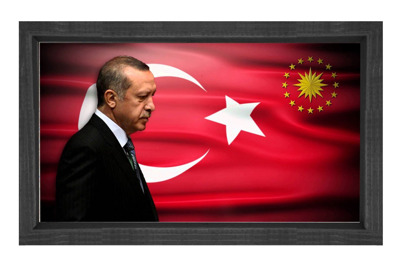 Cumhurbaşkanı Türk Bayrağı Tablosu Siyah Ahşap - 70x100