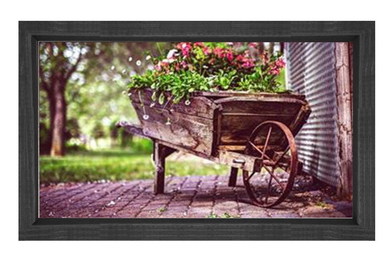 Çiçekler El Arabası Tablosu Siyah Ahşap - 45x30