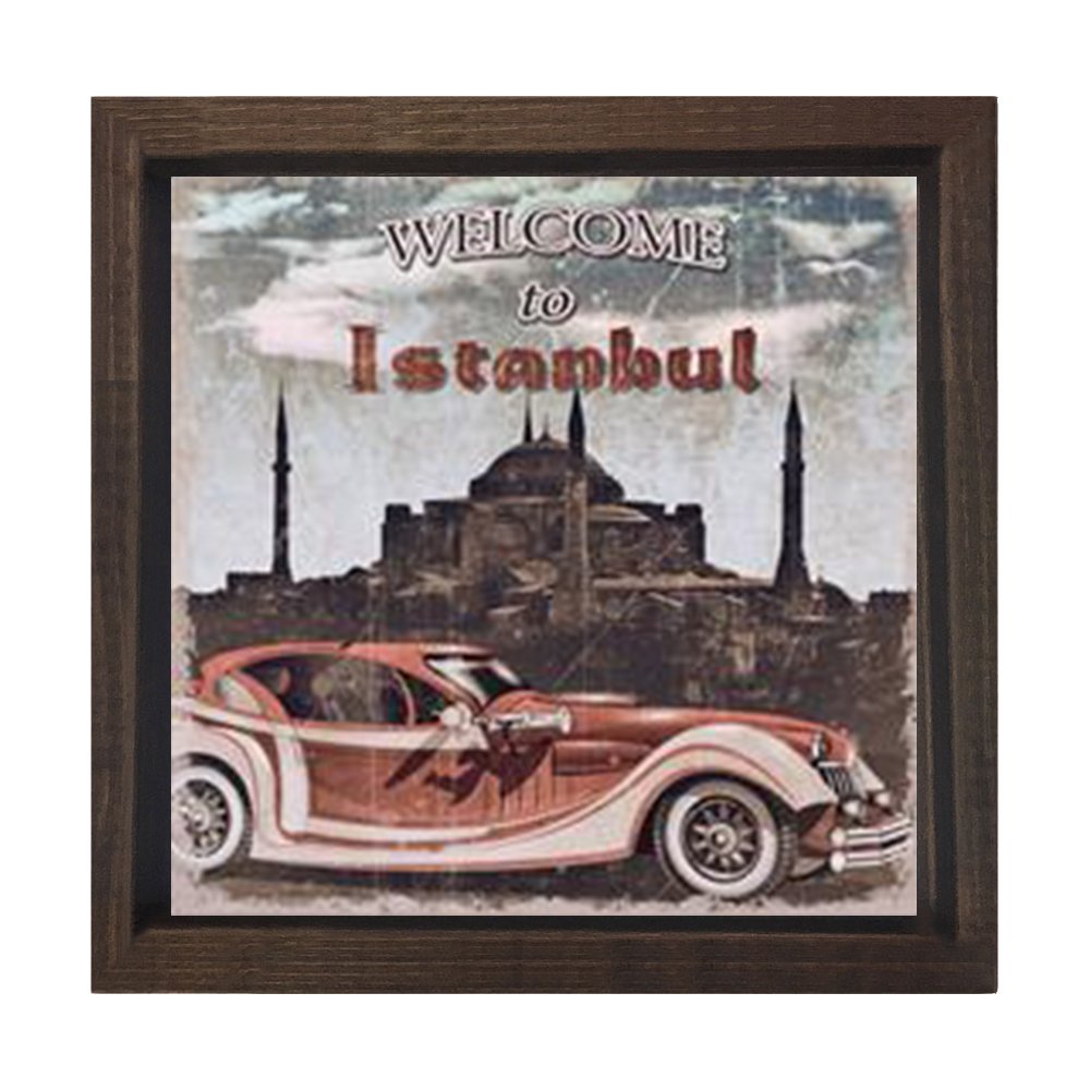 Vintage İstanbul Araba Tablosu Kahverengi Ahşap Çerçeve - 100x100