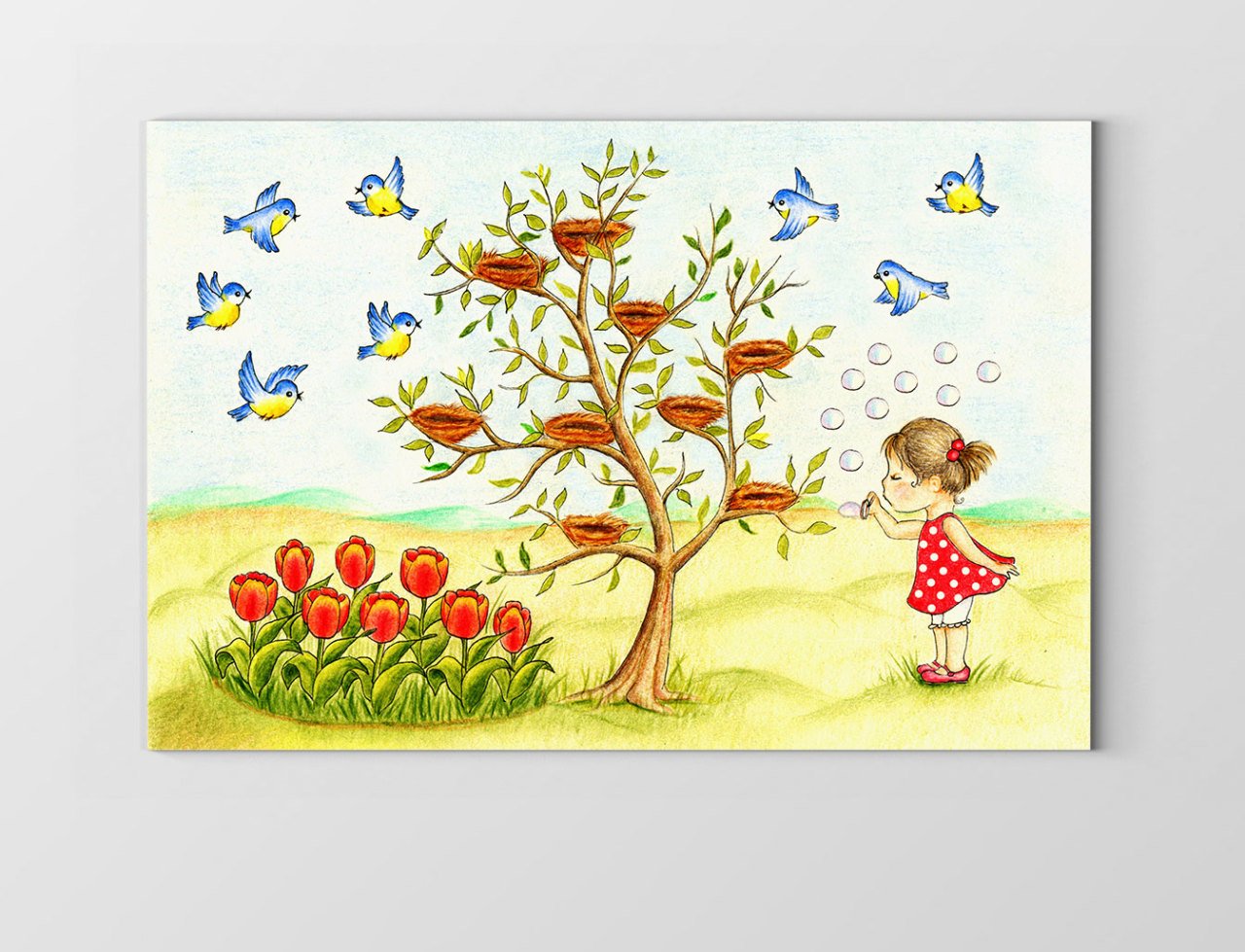 Sevimli Kuşlar Ve Kız Tablosu Çerçevesiz - 100x150