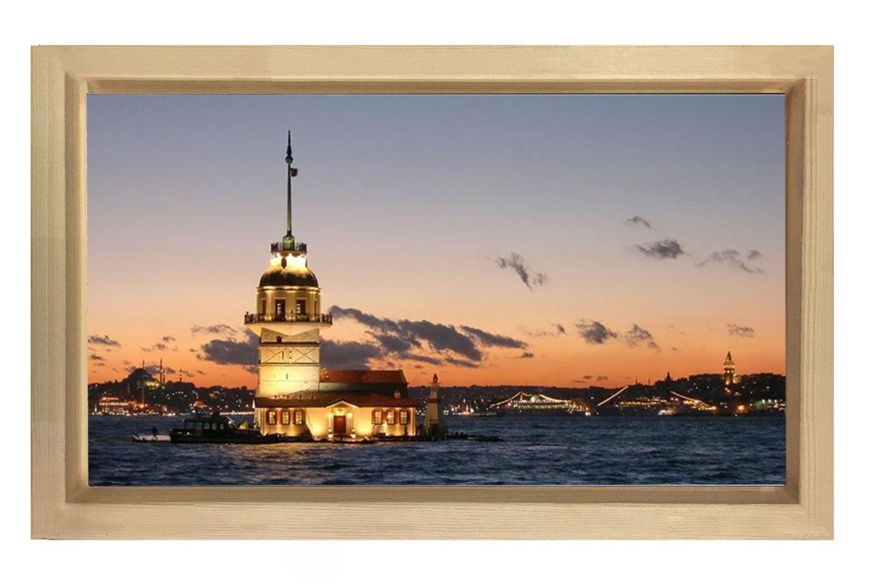 Kız Kulesi ve Gün Batımı Tablosu Naturel Ahşap Çerçeve - 40x60