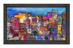 Renkli Şehir Tablosu Siyah Ahşap Çerçeve - 50x90