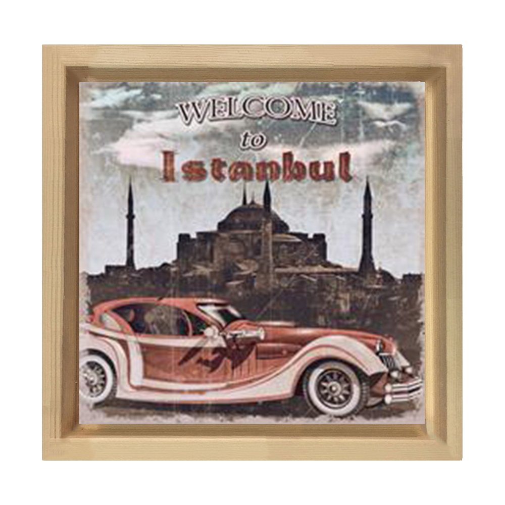 Vintage İstanbul Araba Tablosu Naturel Ahşap Çerçeve - 70x70