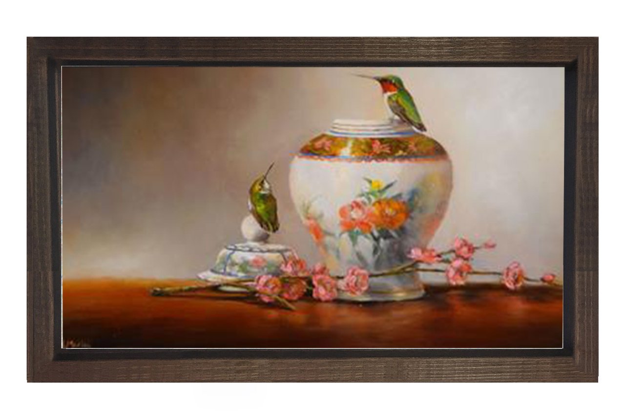 Çiçekler ve Vazo Tablosu Kahverengi Ahşap Çerçeve - 50x90