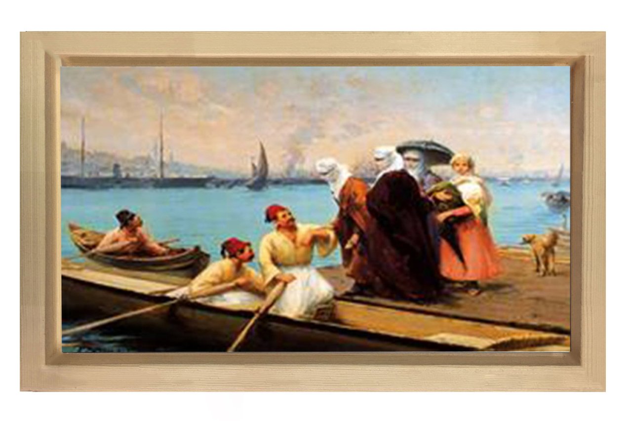 İstanbul Kayıkçıları ve Hanım Efendiler Tablosu Naturel Ahşap Çerçeve - 100x200