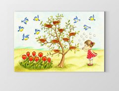 Sevimli Kuşlar Ve Kız Tablosu Çerçevesiz - 50x90