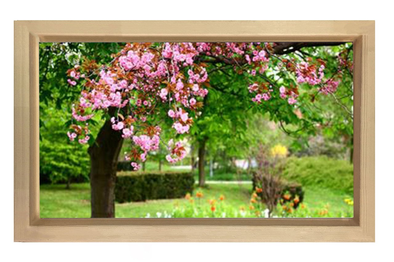 Pembe Çiçekli Bahçe Tablosu Naturel Ahşap - 50x70