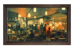Gece Şehir Pazarı Tablosu Kahverengi Ahşap Çerçeve - 50x70