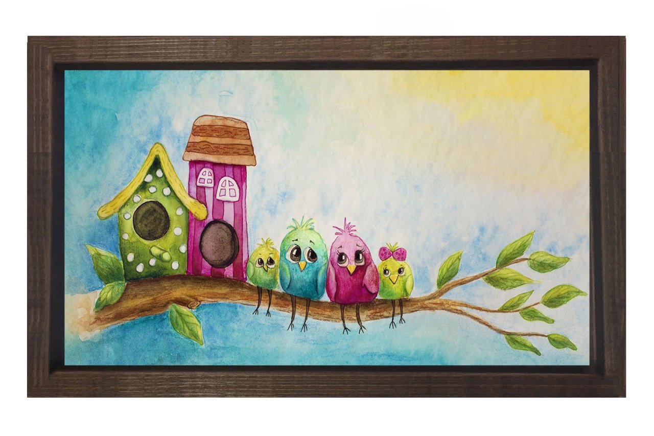 Kuş Ailesi Tablosu Kahverengi Ahşap Çerçeve - 100x200