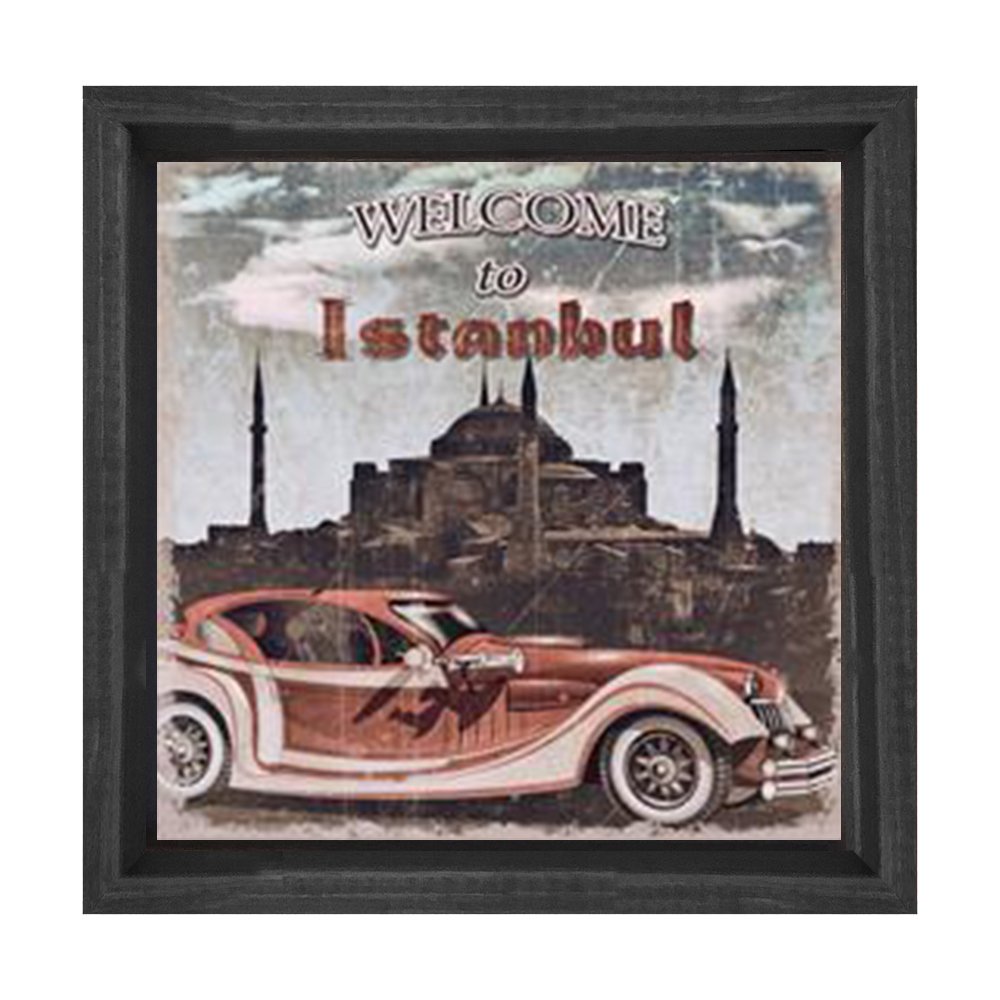 Vintage İstanbul Araba Tablosu Siyah Ahşap Çerçeve - 40x40