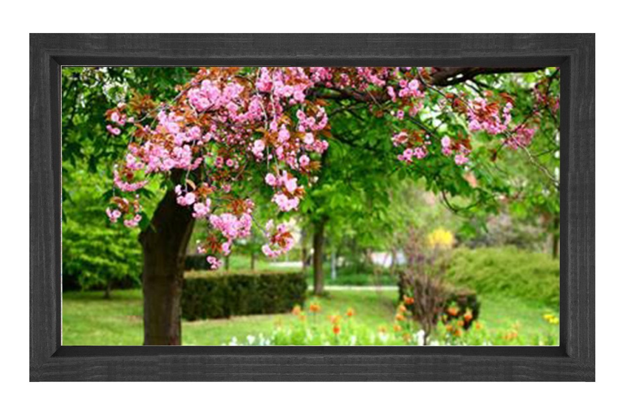 Pembe Çiçekli Bahçe Tablosu Siyah Ahşap - 40x60