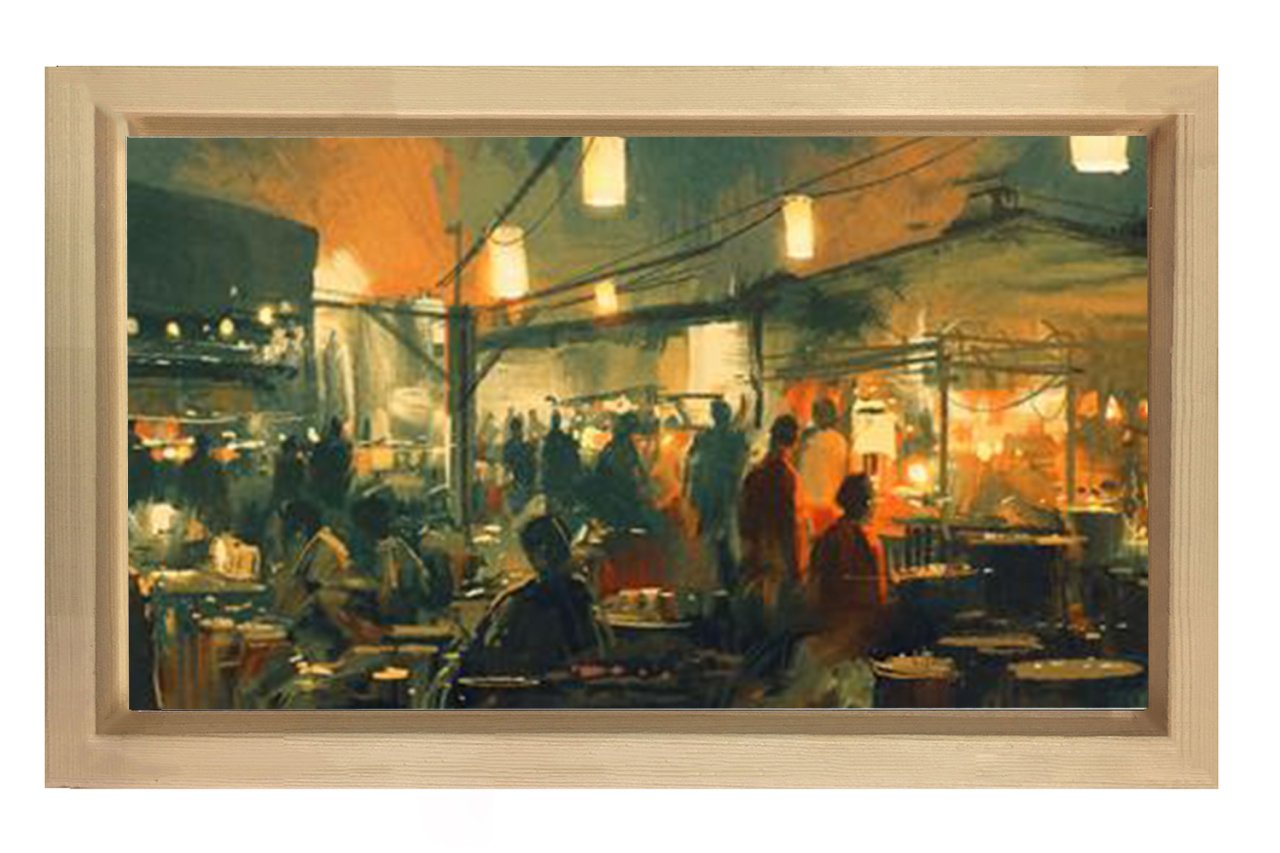 Gece Şehir Pazarı Tablosu Naturel Ahşap Çerçeve - 100x150