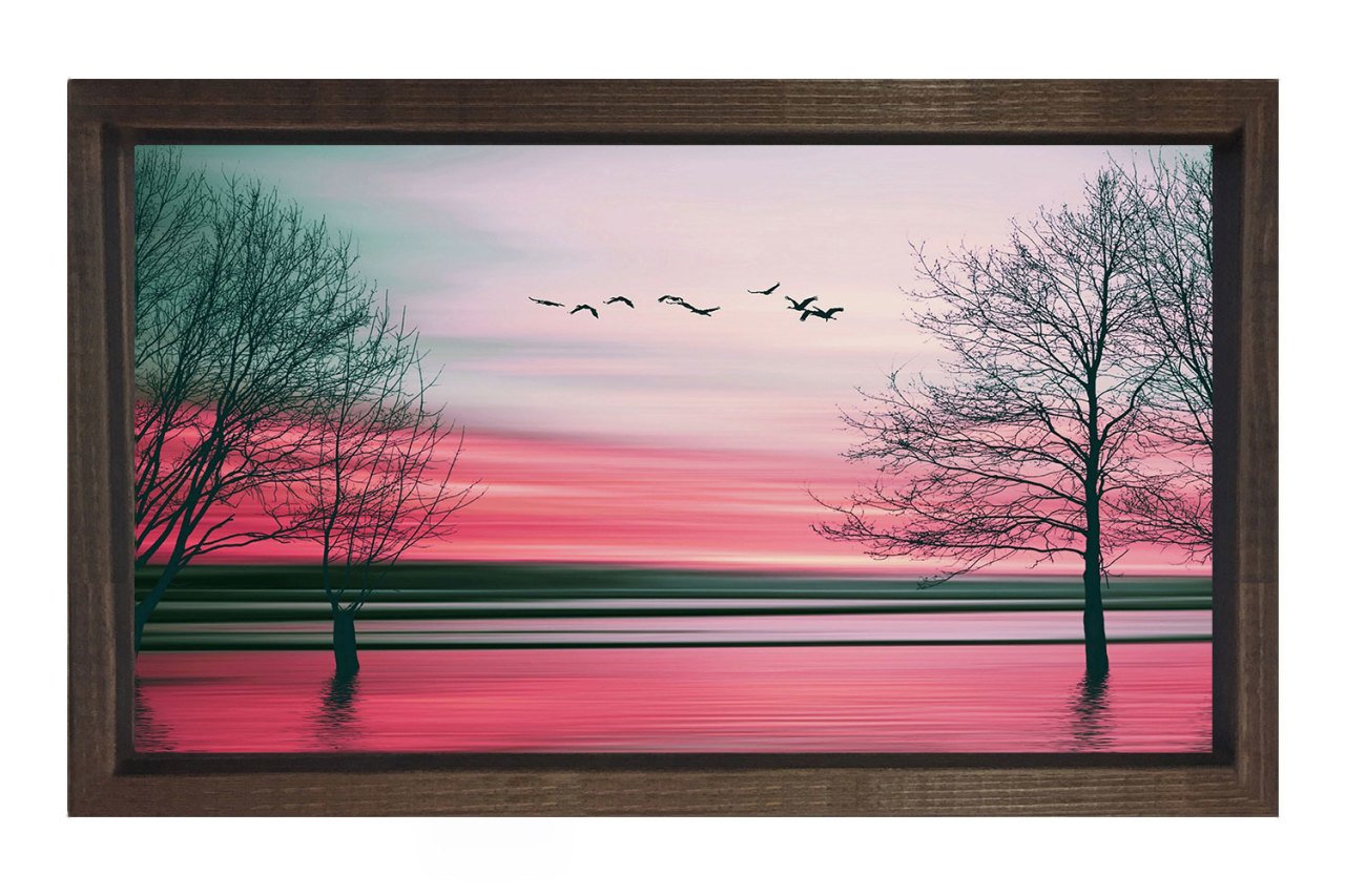 Pembe Manzara Tablosu Kahverengi Ahşap Çerçeve - 100x200