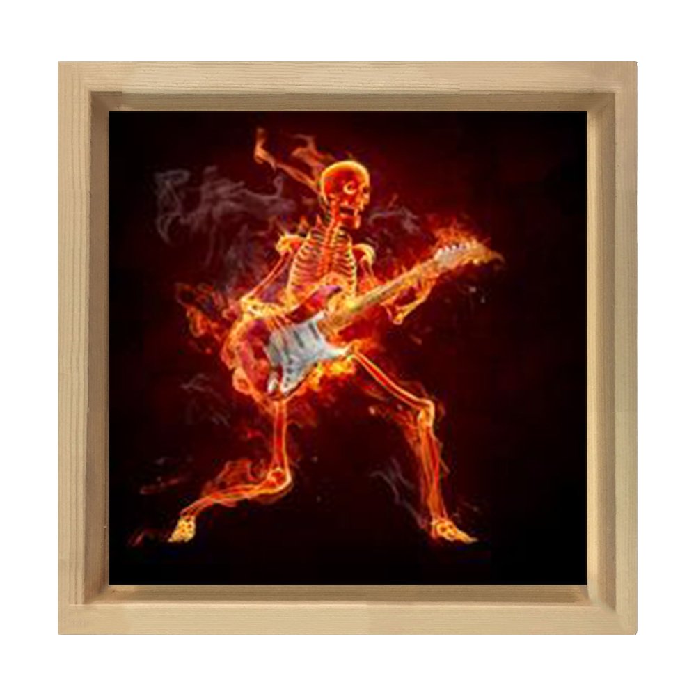 Yanan Gitarcı İskeket Tablosu Naturel Ahşap Çerçeve - 50x50
