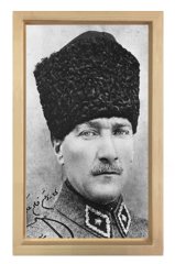Atatürk-Siyah Beyaz Tablosu Naturel Ahşap - 50x70