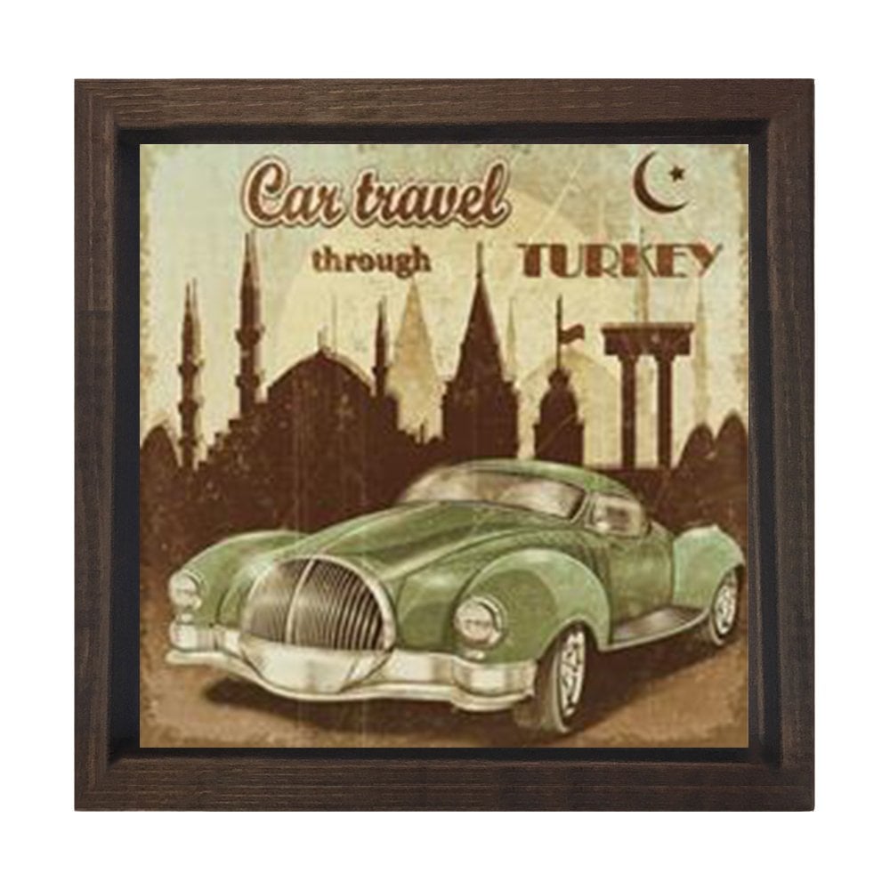 Vintage İstanbul Araba Tablosu Kahverengi Ahşap Çerçeve - 30x30