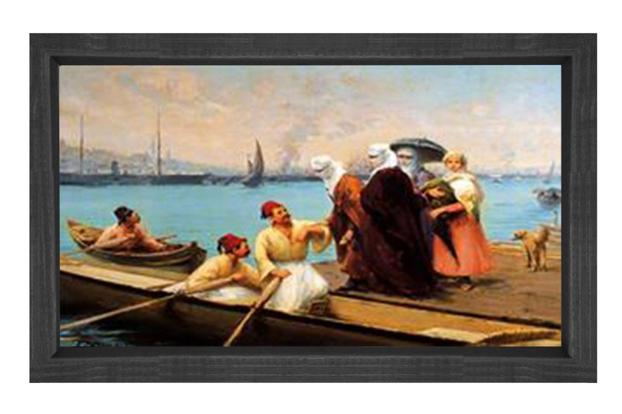 İstanbul Kayıkçıları ve Hanım Efendiler Tablosu Siyah Ahşap Çerçeve - 70x100