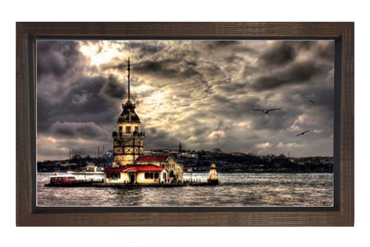 Kız Kulesi ve Bulutlar Tablosu Kahverengi Ahşap Çerçeve - 50x90
