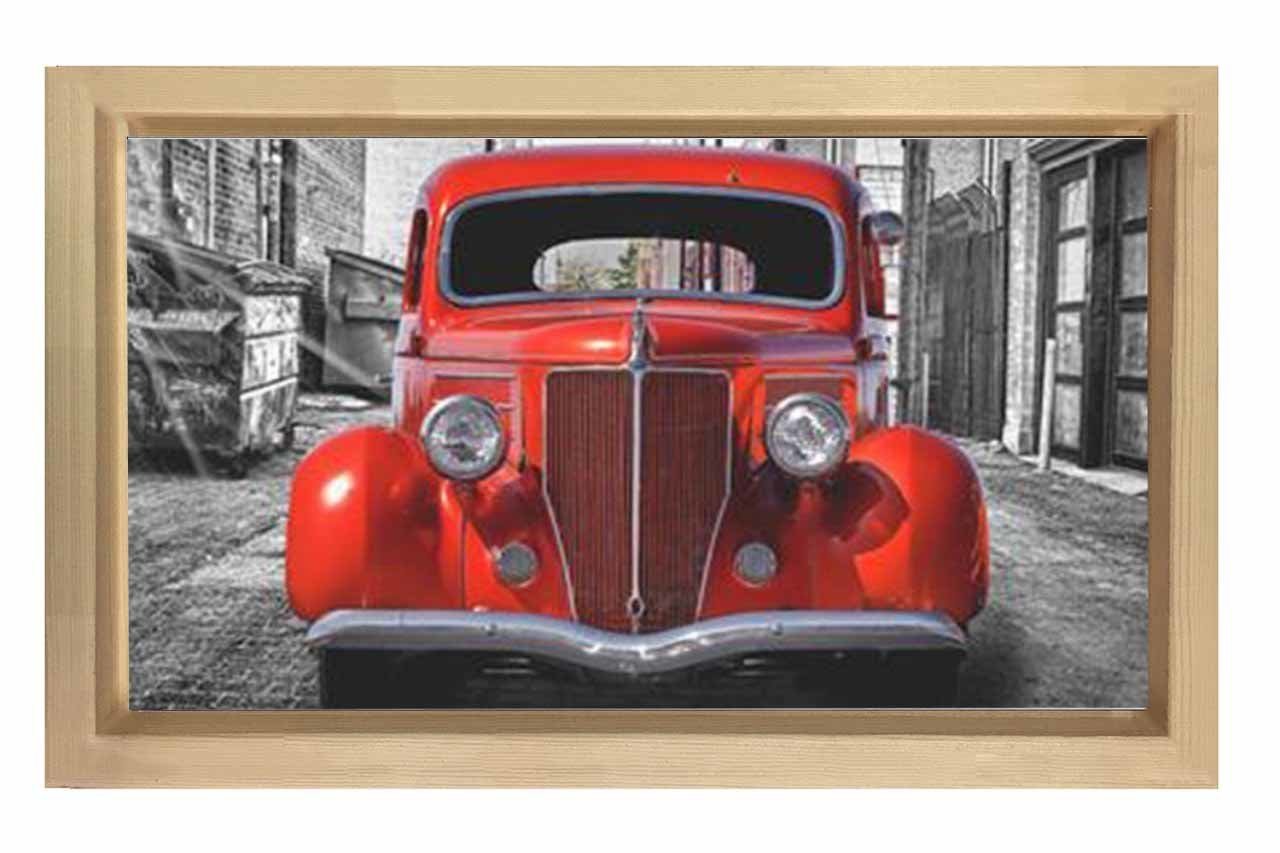 Kırmızı Klasik Araba Tablosu Naturel Ahşap - 45x30